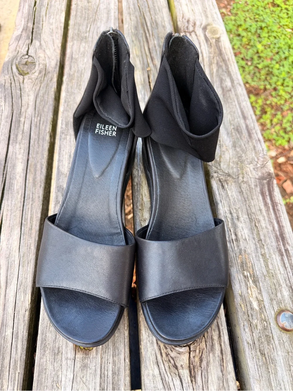 Eileen Fisher Black Leather Open-Toe Ankle-Wrap Sandals